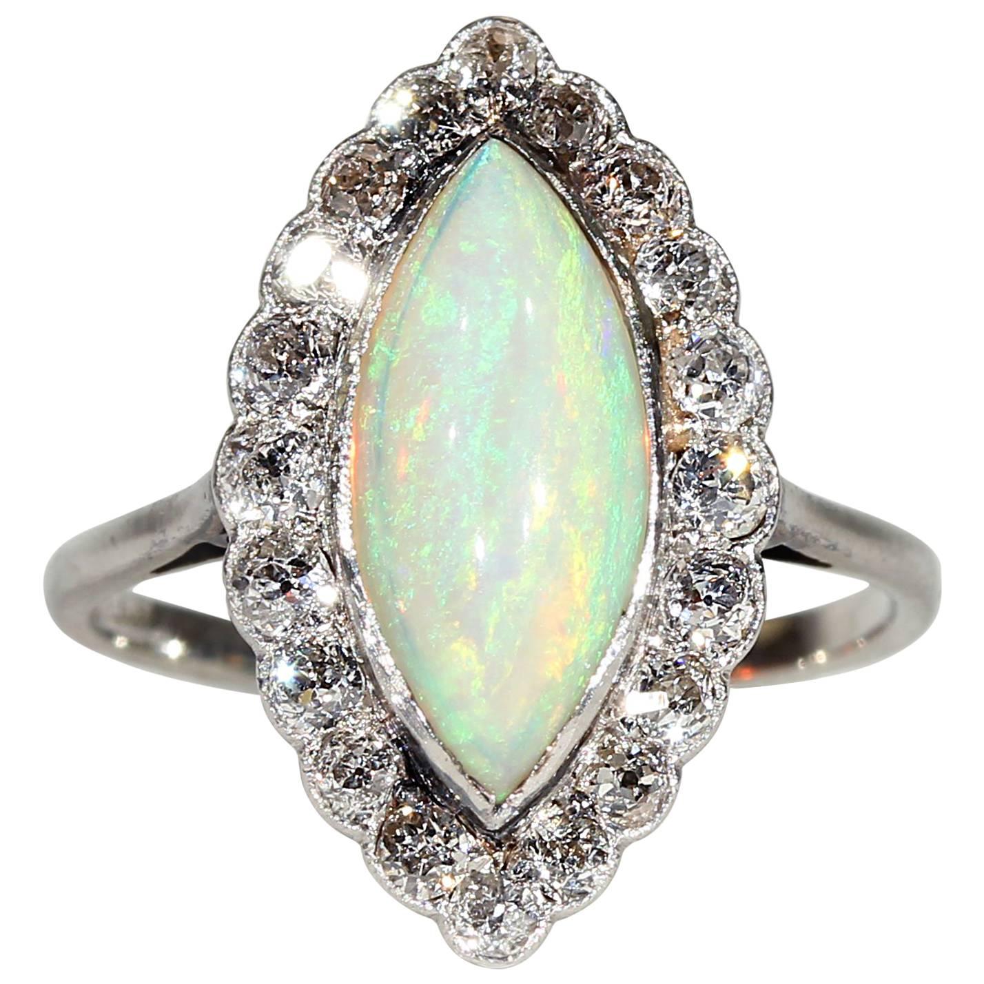 Edwardian Opal Diamond Marquise Cluster Ring Platinum For Sale