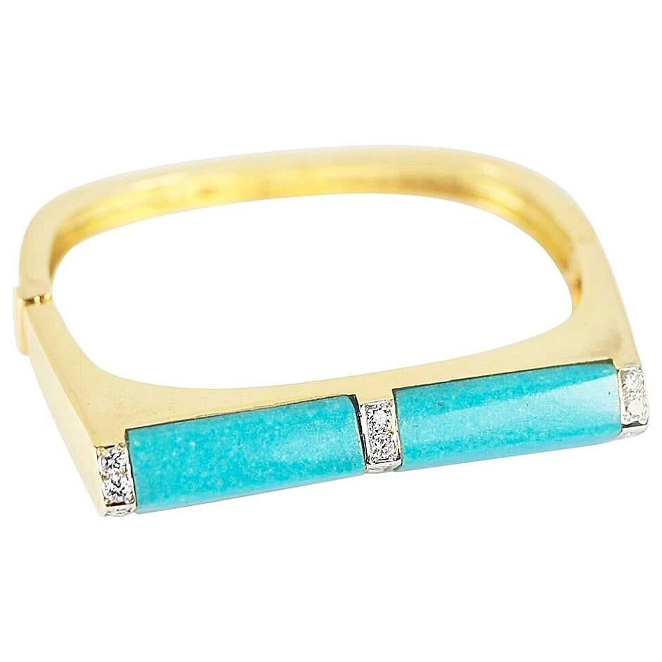 Turquoise and Diamond 18 Karat Gold Cuff For Sale