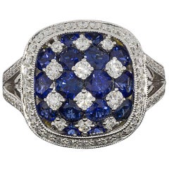 Sapphire Diamond Cushion Halo Split Shank Cluster Ring