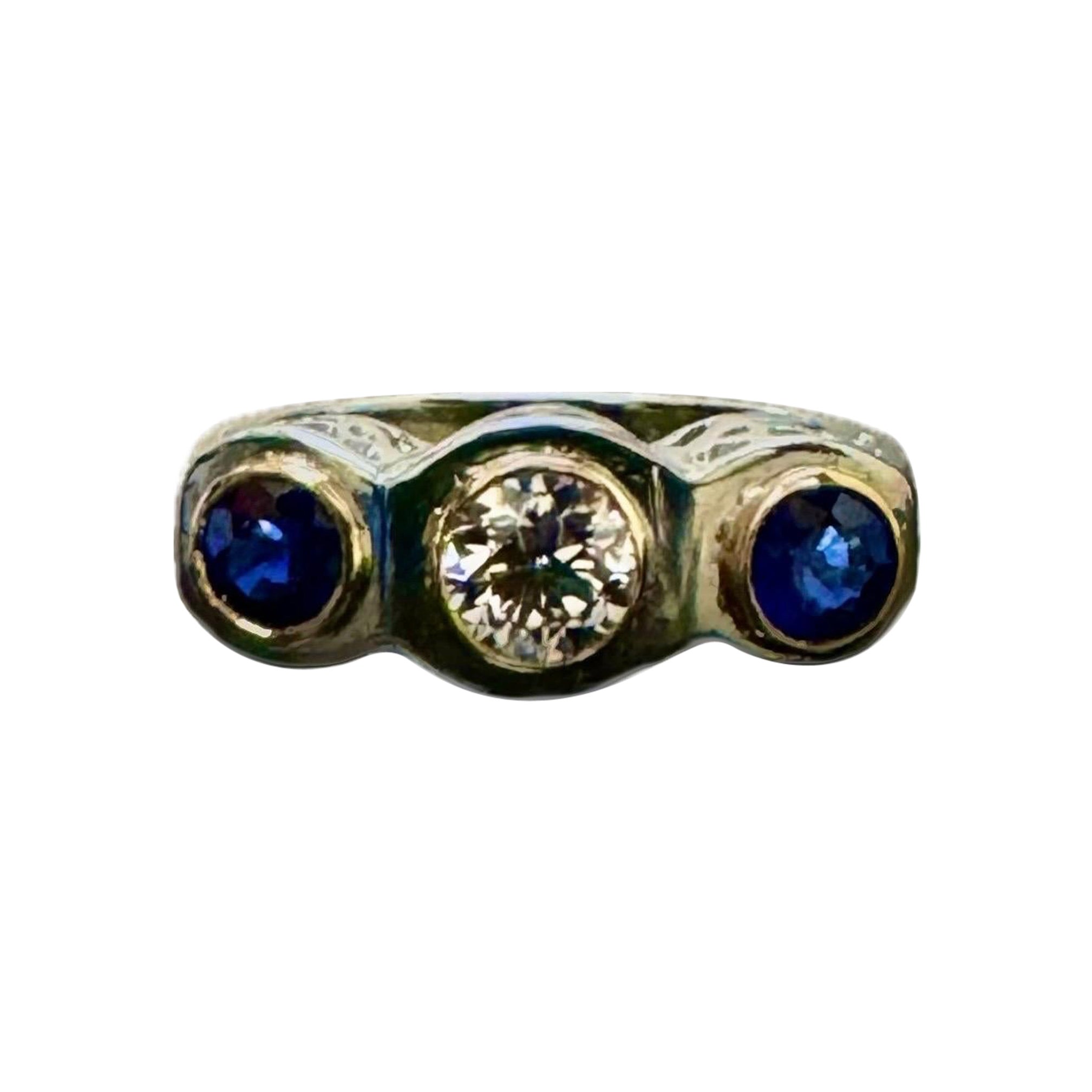 Art Deco Platinum Three Stone Blue Sapphire 1.33 Diamond Engagement Ring For Sale