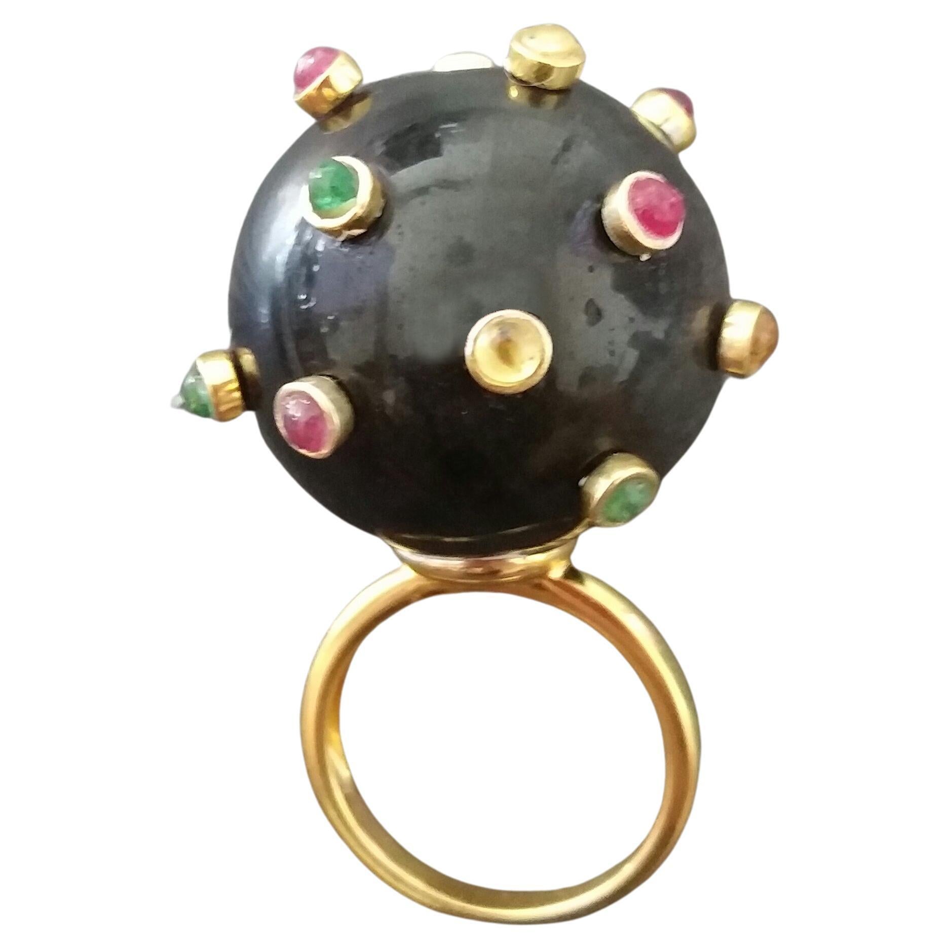 107 Carat Black Obsidian Ball Ruby Emerald Yellow Sapphire Cabs 14K Gold Ring