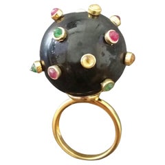 107 Carat Black Obsidian Ball Ruby Emerald Yellow Sapphire Cabs 14K Gold Ring