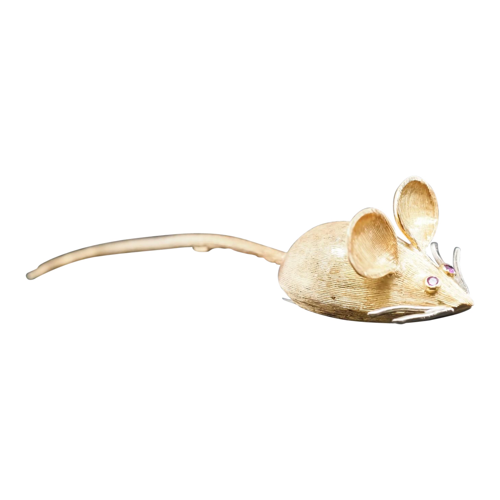 18 Karat Gelbgold Maus Rubin Augen mit langer Schleife Brosche Pin