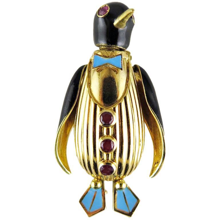 Ruby Enamel Gold Penguin Clip Brooch For Sale