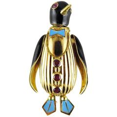 Vintage Ruby Enamel Gold Penguin Clip Brooch