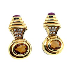 Retro Gold 6 Carat Natural Diamond, Rubellite Cab & Citrine Earrings Circa  1980