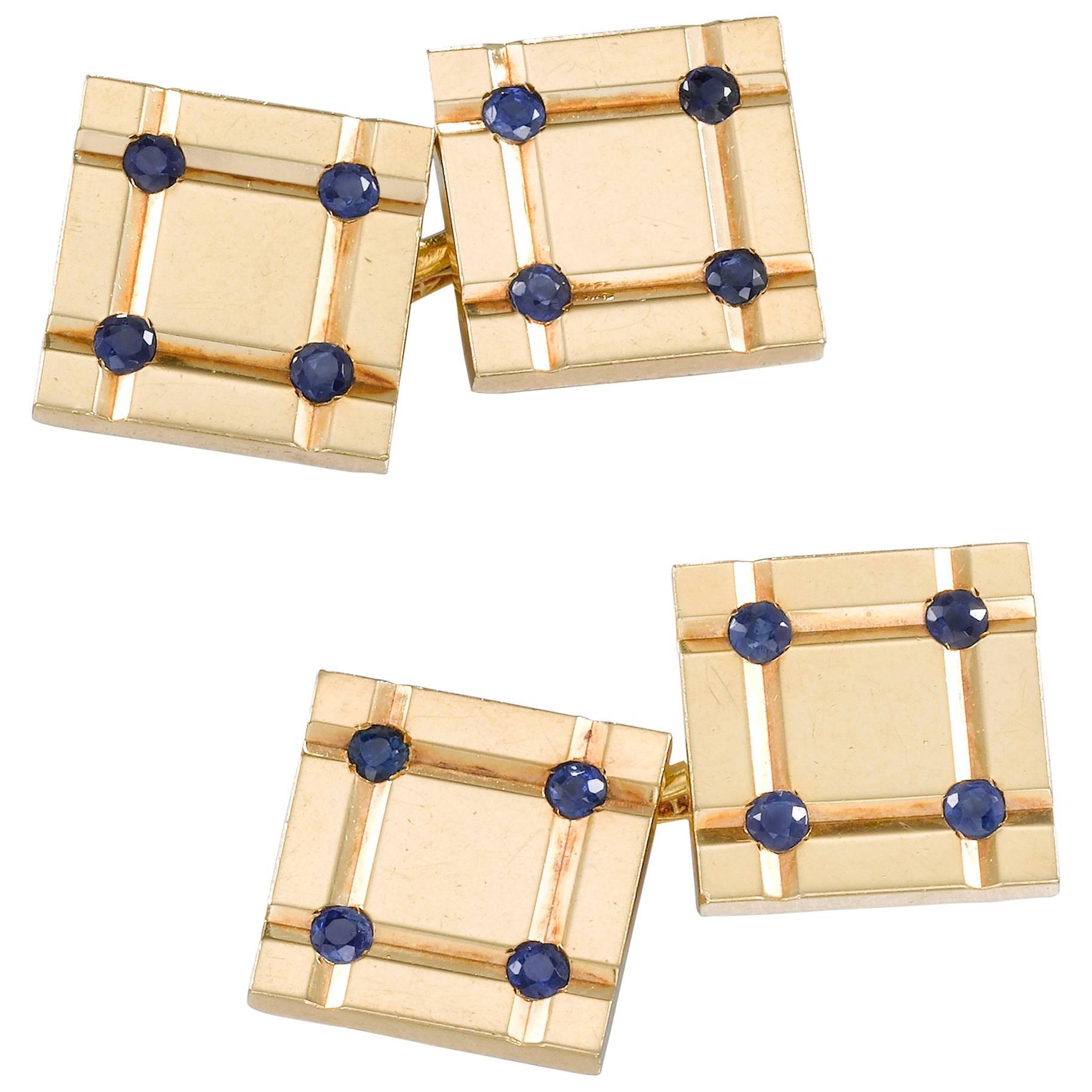 Pair of Tiffany & Co. Sapphire Gold Cufflinks For Sale