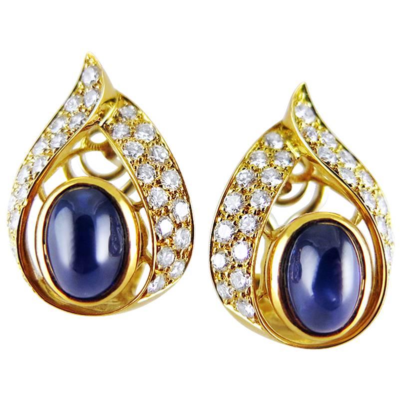 Cartier Cabochon Sapphire Diamond Gold Earrings