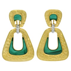 13.4 Carat Malachite Diamond 14 Karat Gold Door Knocker Earrings