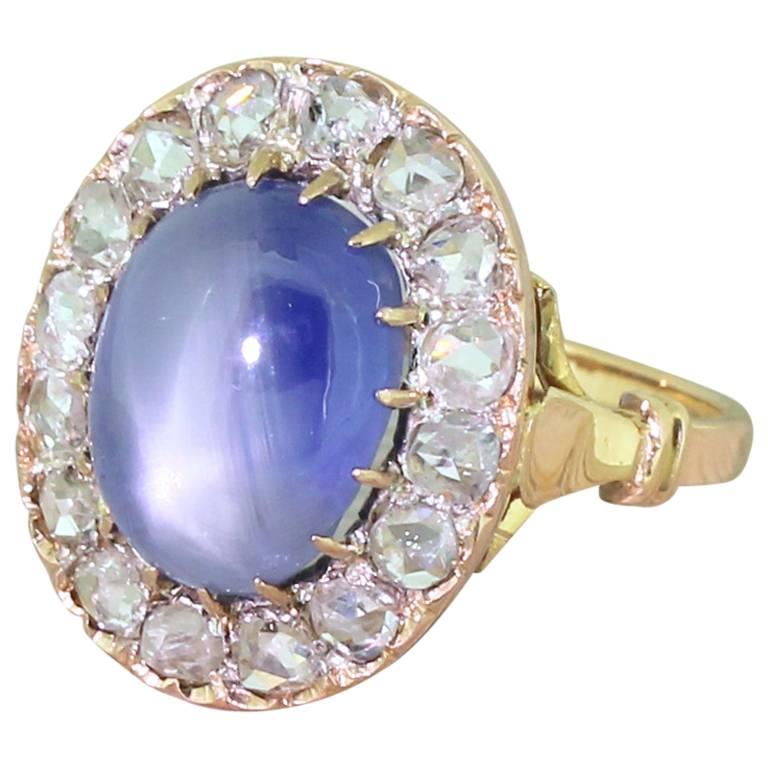 Art Deco 10.45 Carat Star Sapphire & Rose Cut Diamond Ring, French, circa 1915 For Sale