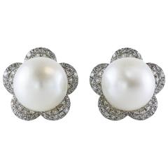 10mm Cultured White Pearl Diamond Gold Flower Earrings 1