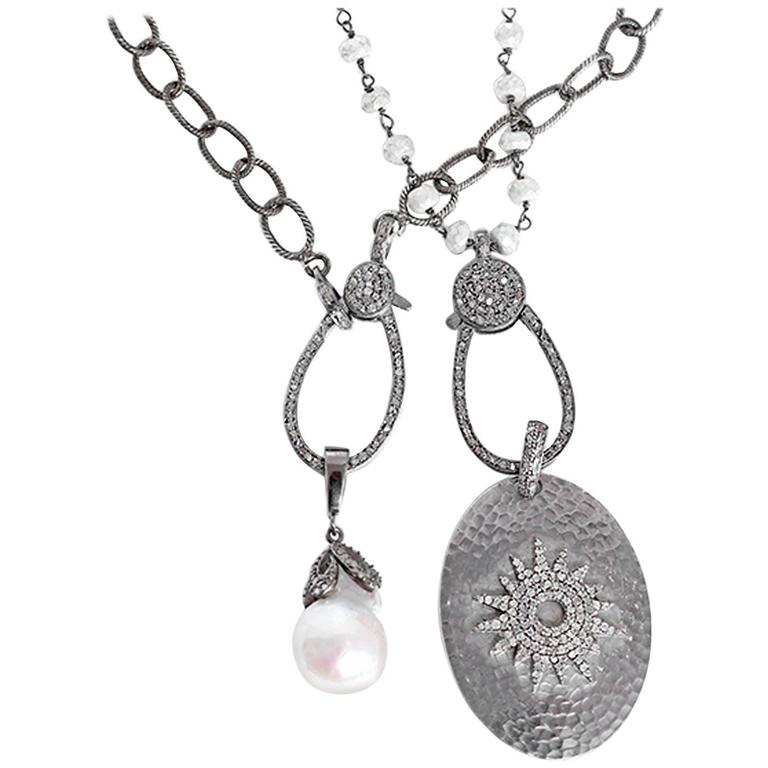 Stunning Sterling Silver, Diamond, Pearl, White Sapphire and Necklace Set at 1stdibs