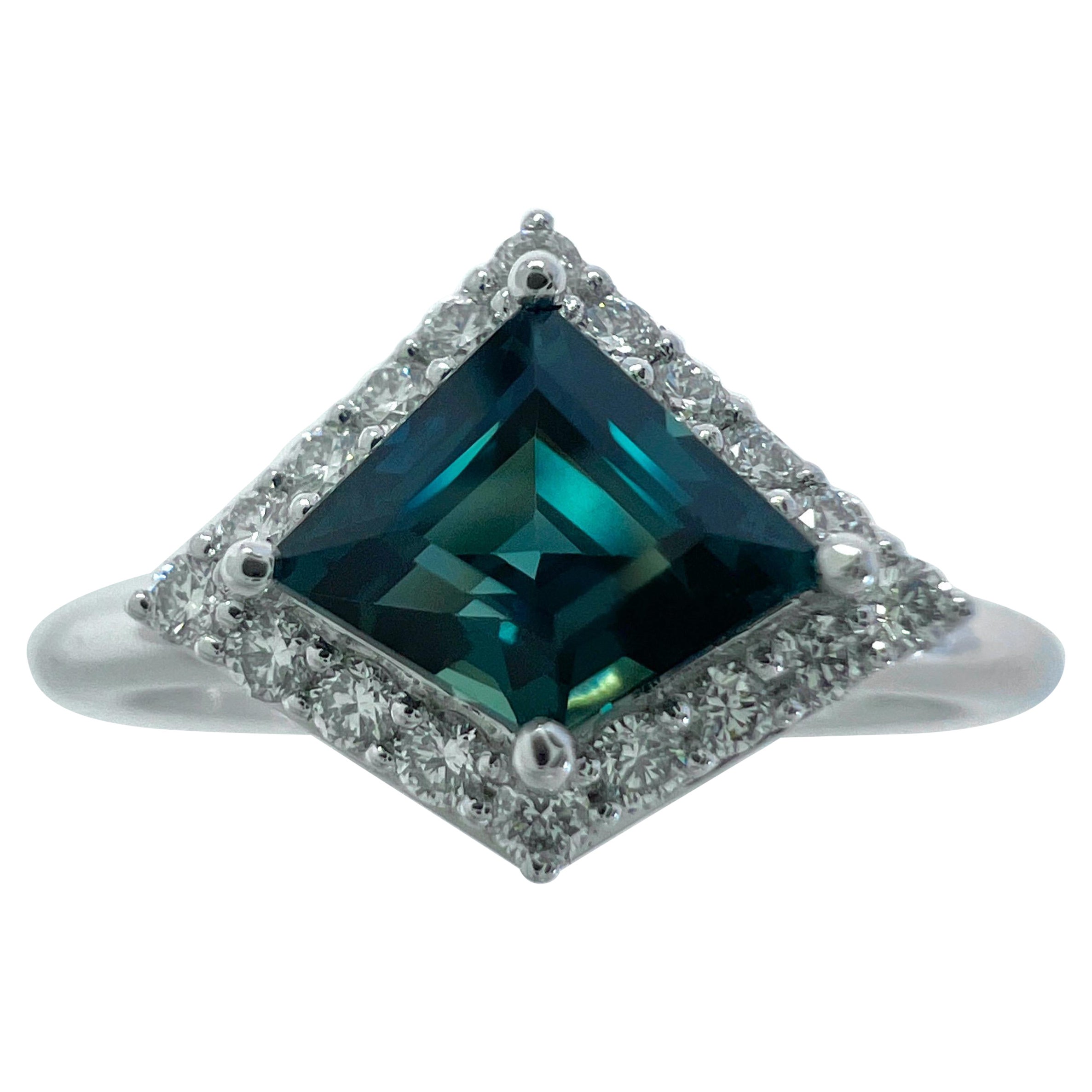 IGI Certified 1.04ct Fancy Kite Blue Sapphire & Diamond 18k White Gold Halo Ring