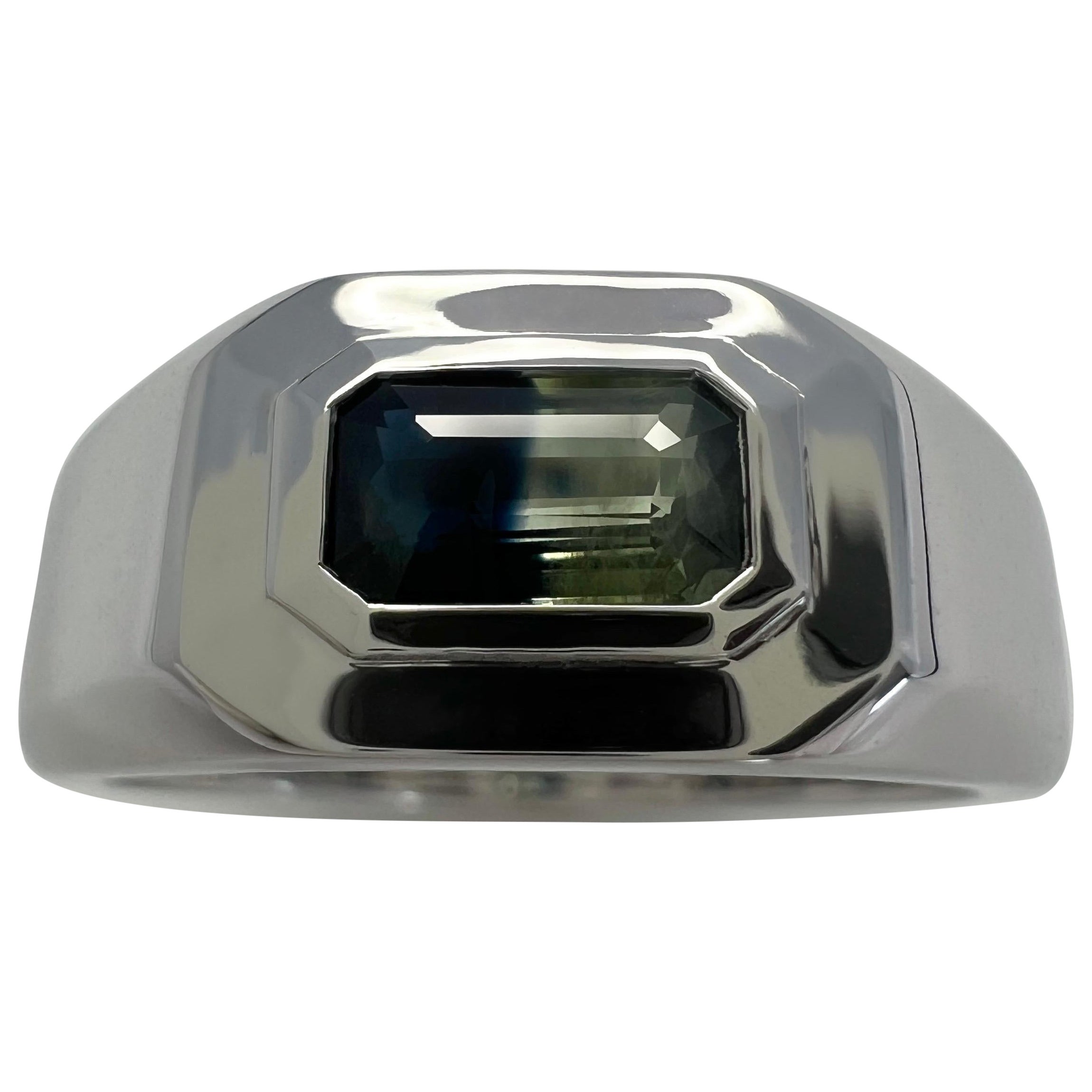 IGI Certified Bi Colour Blue Yellow Sapphire Emerald Cut 18k Gold East West Ring