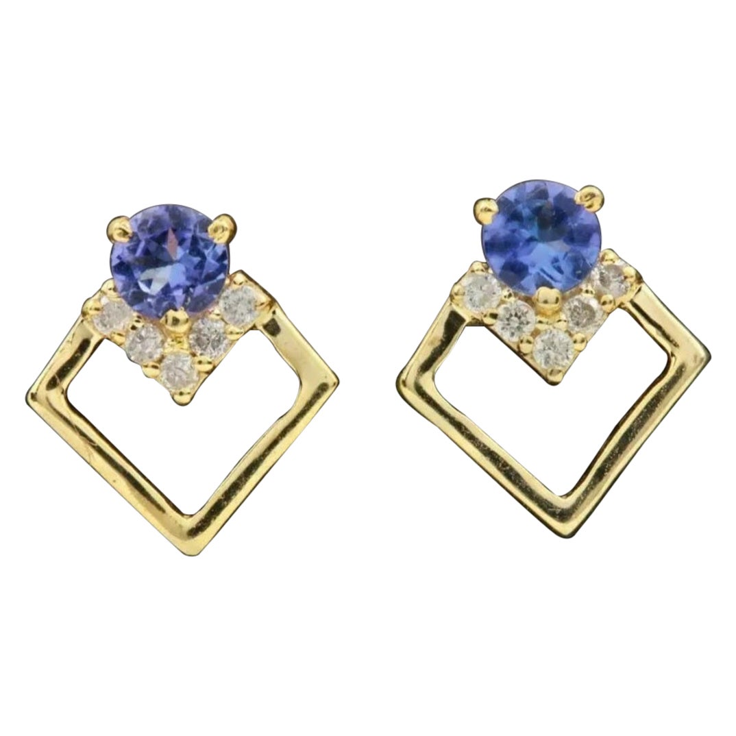 Pave Diamond Dainty Square Earring 14k Gold Tanzanite Minimalist Stud Earring. For Sale
