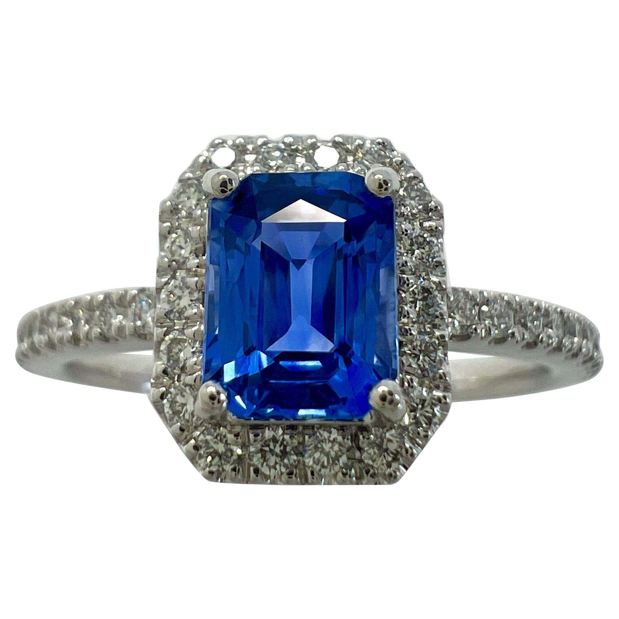 Bague halo octogonale certifiée en or blanc 18 carats, saphir de Ceylan bleu violet et diamant