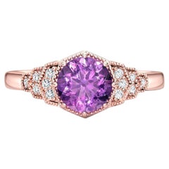 Round amethyst & moissanites engagement 14k gold ring.