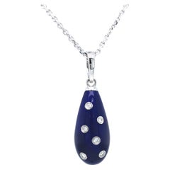 Drop Pendant Necklace 18k White Gold Royal Blue Enamel 6 Diamonds 0.1 ct G VS