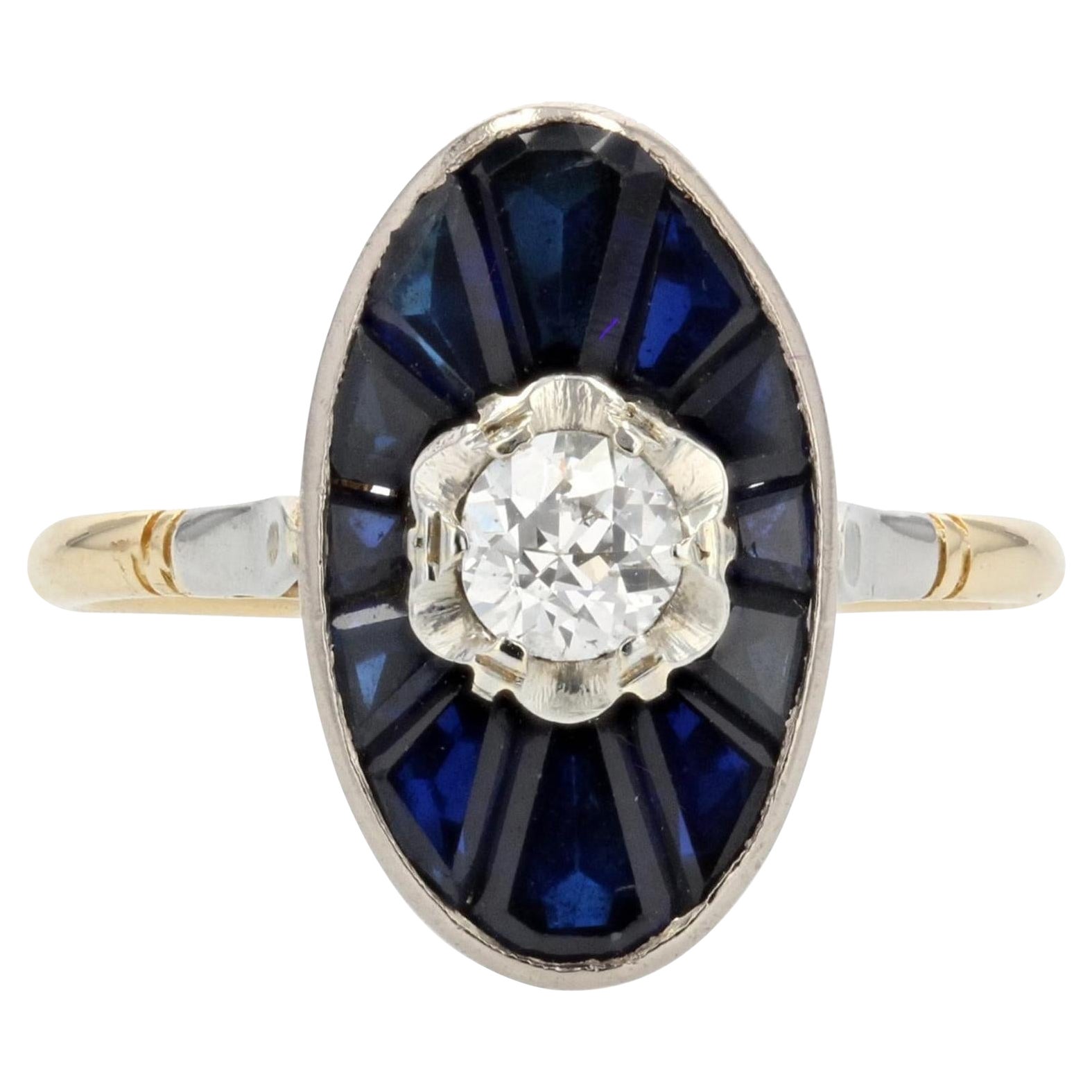 Französischer Art Deco Saphir-Diamant-Ring aus 18 Karat Gelbgold in Shuttle-Form, 1925er Jahre