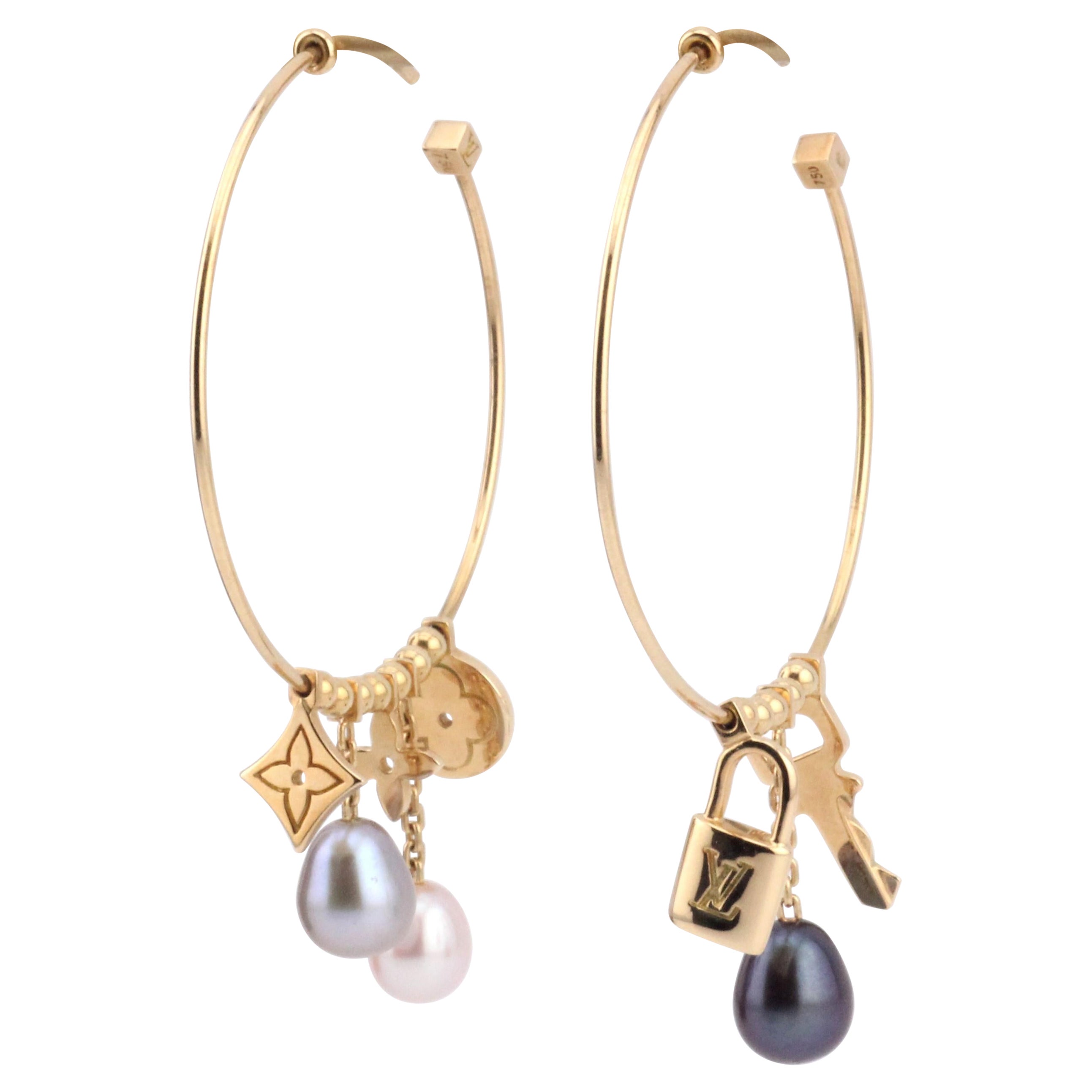 Louis Vuitton Lock Key Charm Pearl 18k Yellow Gold Hoop Earrings