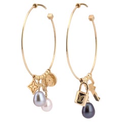 Louis Vuitton Lock Key Charm Pearl 18k Yellow Gold Hoop Earrings