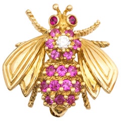 1960s Tiffany & Co. 18k Yellow Gold, Diamond, Ruby, Pink Sapphire Bee Pin