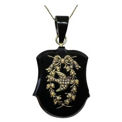 Victorian Bird Swallow Locket Necklace Flower Garland Ruby Pearl Gold Black Onyx