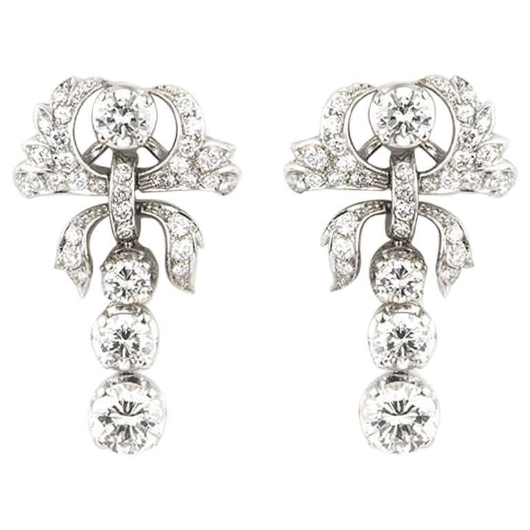 1950s Diamond Drop Earrings in Platinum 3.60 Carat