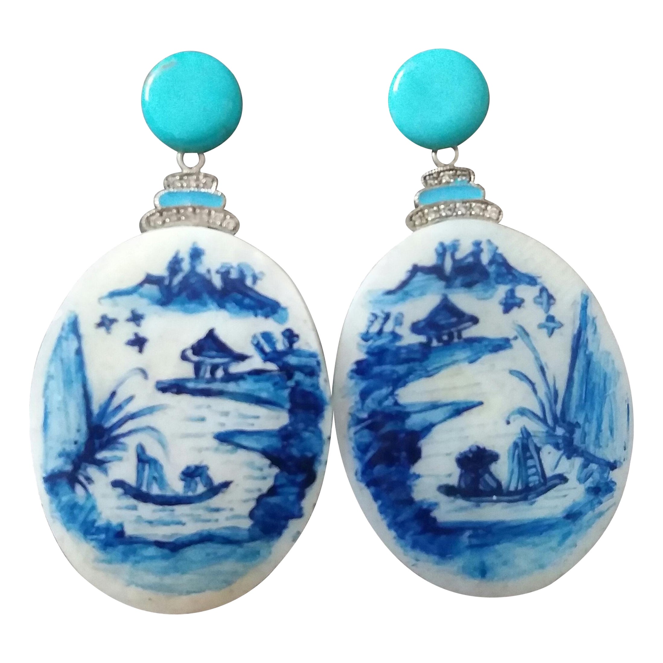 Pendientes colgantes vintage pintados a mano con esmalte de oro, diamantes y turquesa