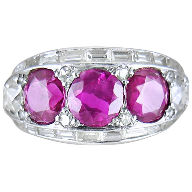 Art Deco Ruby Diamond and Platinum Cocktail Ring For Sale