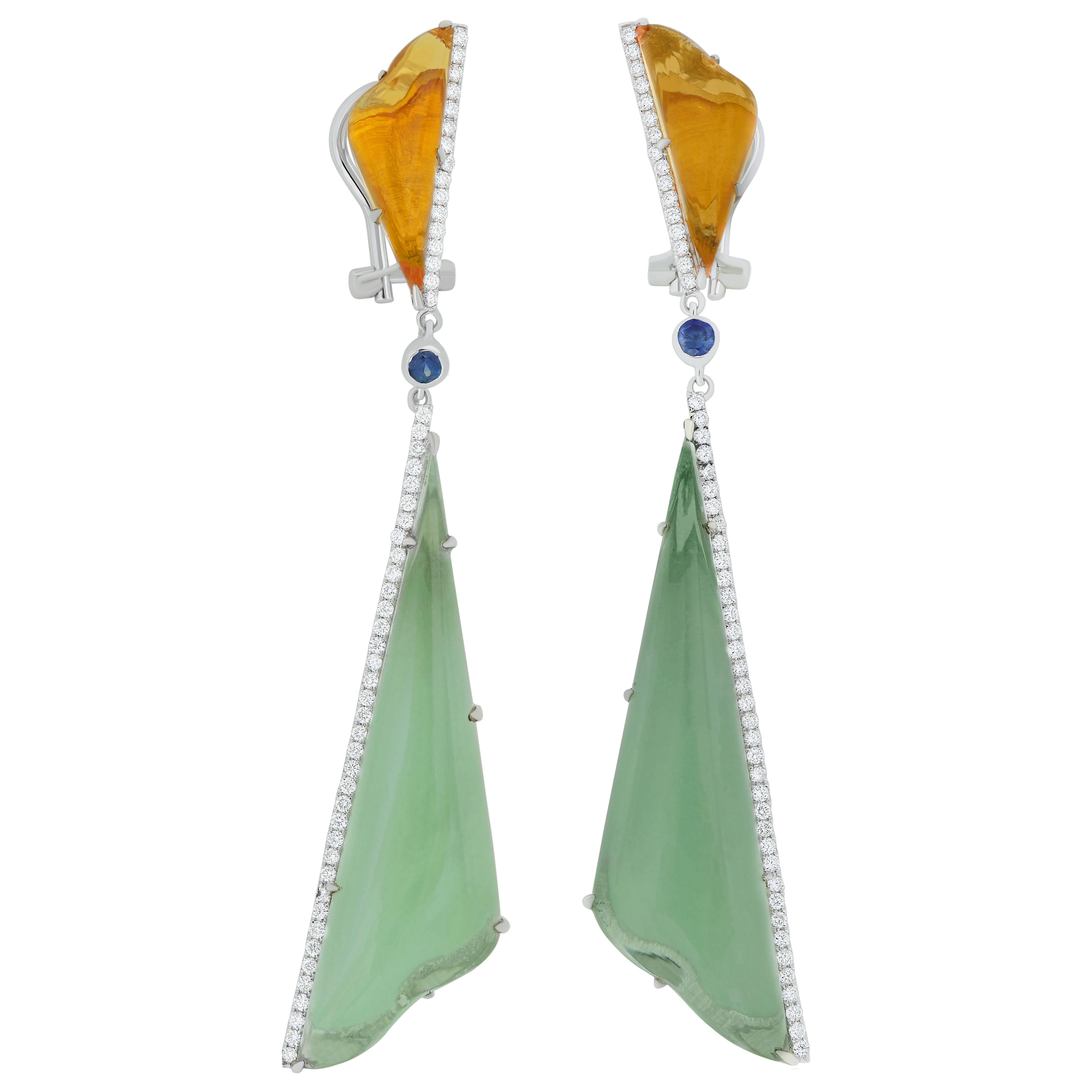 Mint Quartz, Blue Sapphire, Citrine & Diamond Earring in 14k White Gold Earring