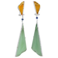 Mint Quartz, Blue Sapphire, Citrine & Diamond Earring in 14k White Gold Earring
