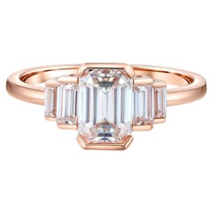 Three Stone Emerald Cut Moissanite Engagement 14k gold Ring.