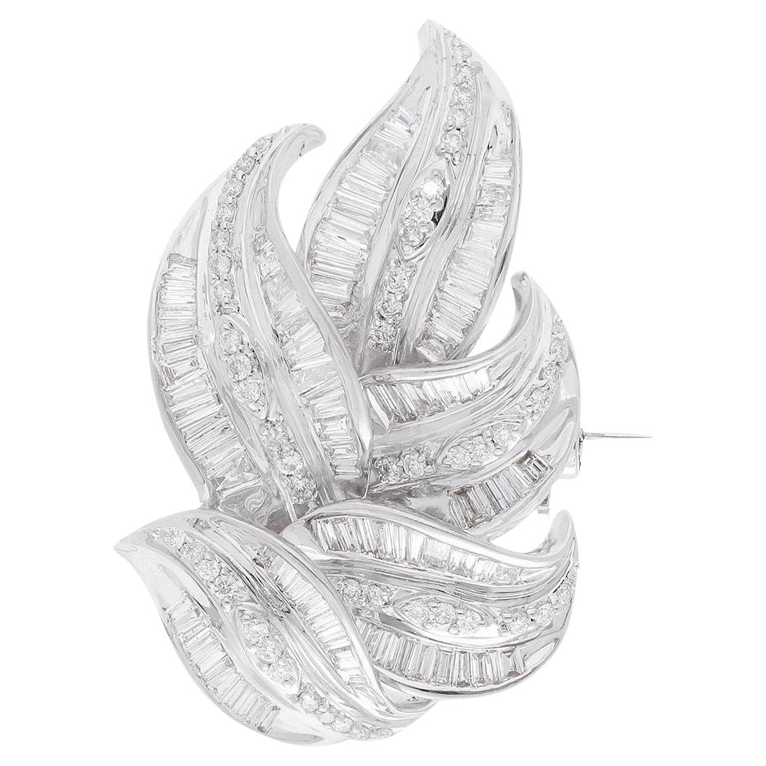 Real 2.87 Carats SI/H Baguette Brilliant Cut Diamond Leaf Brooch 10k White Gold