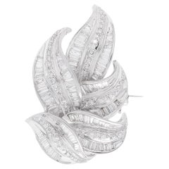 Real 2.87 Carats SI/H Baguette Brilliant Cut Diamond Leaf Brooch 10k White Gold
