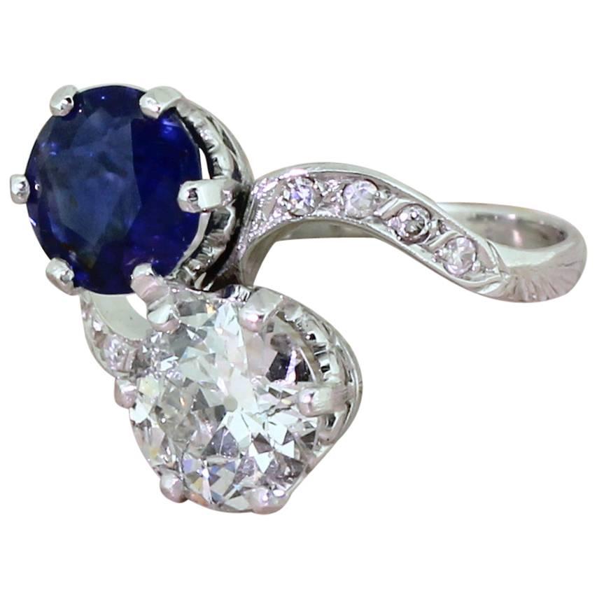 Art Deco  Natural Sapphire  Old Cut Diamond Crossover Ring