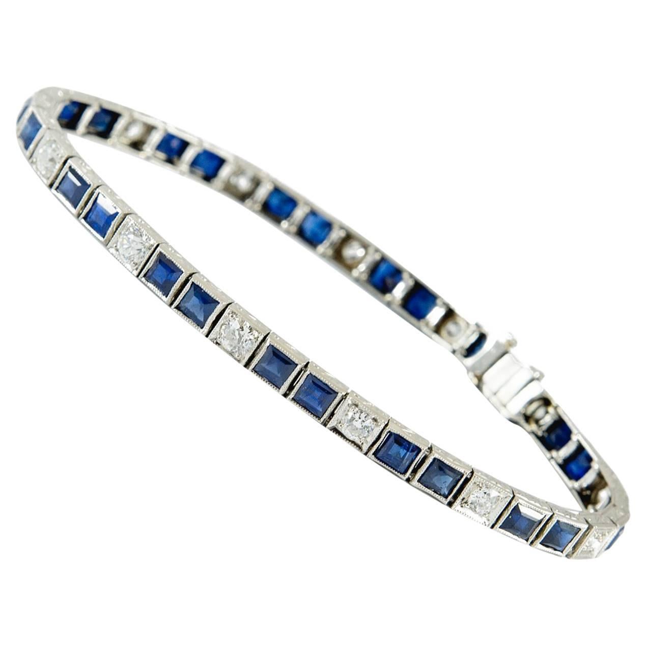 Art Deco Platinum Diamond and Sapphire Line Bracelet For Sale