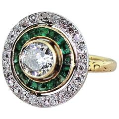 Antique Art Deco 0.70 Carat Old Cut Diamond & Emerald Target Cluster Ring