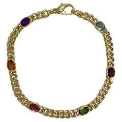 Rare Vintage Tiffany & Co Multi Colour Gemstone 18k Yellow Gold Curb Bracelet