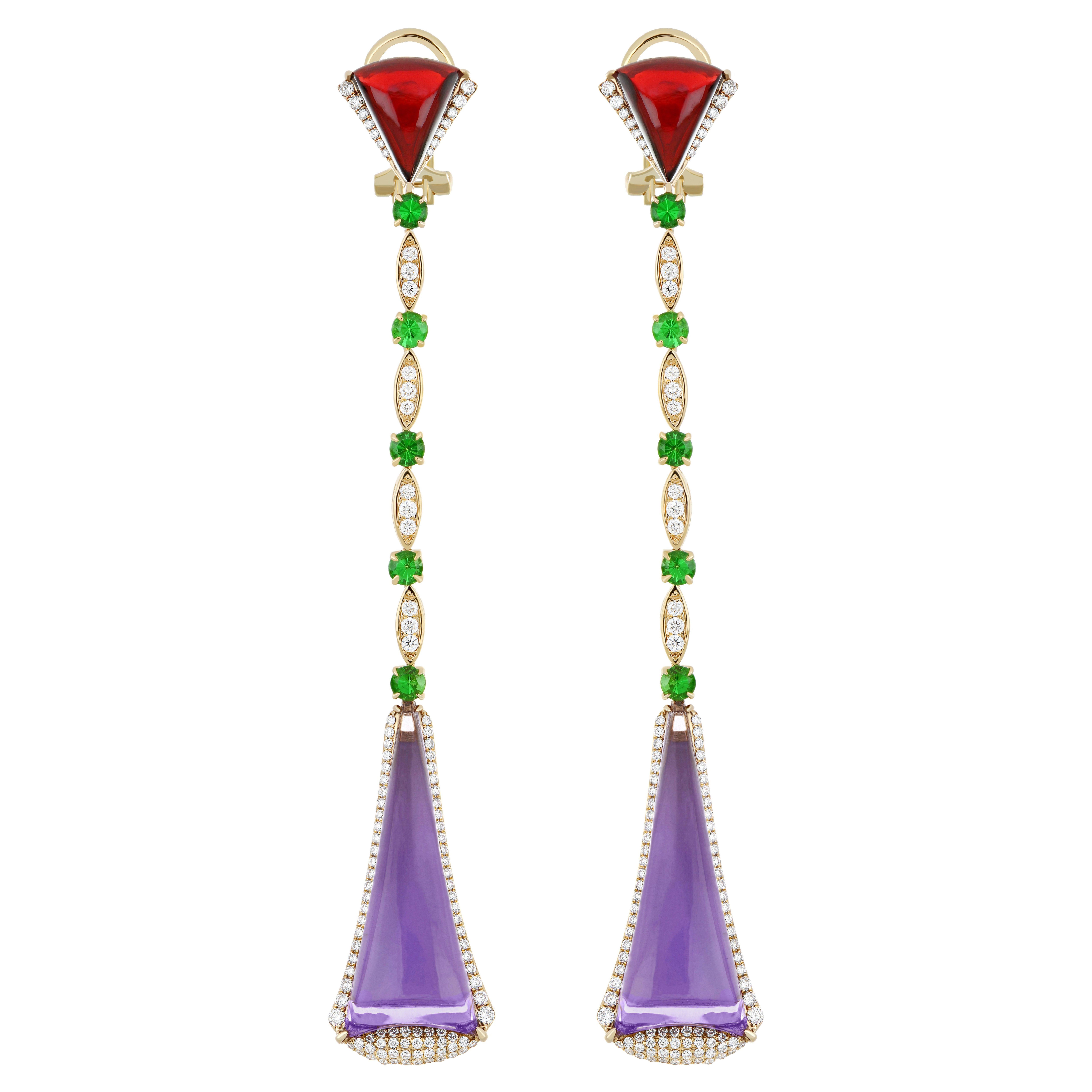 Amethyst, Tsavorite, Garnet & Diamond Earring in 14k Yellow Gold Earring