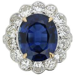 Certified 7.10 Carat Sapphire & 2.40 Carat Diamond Halo Ring c.1940s 12