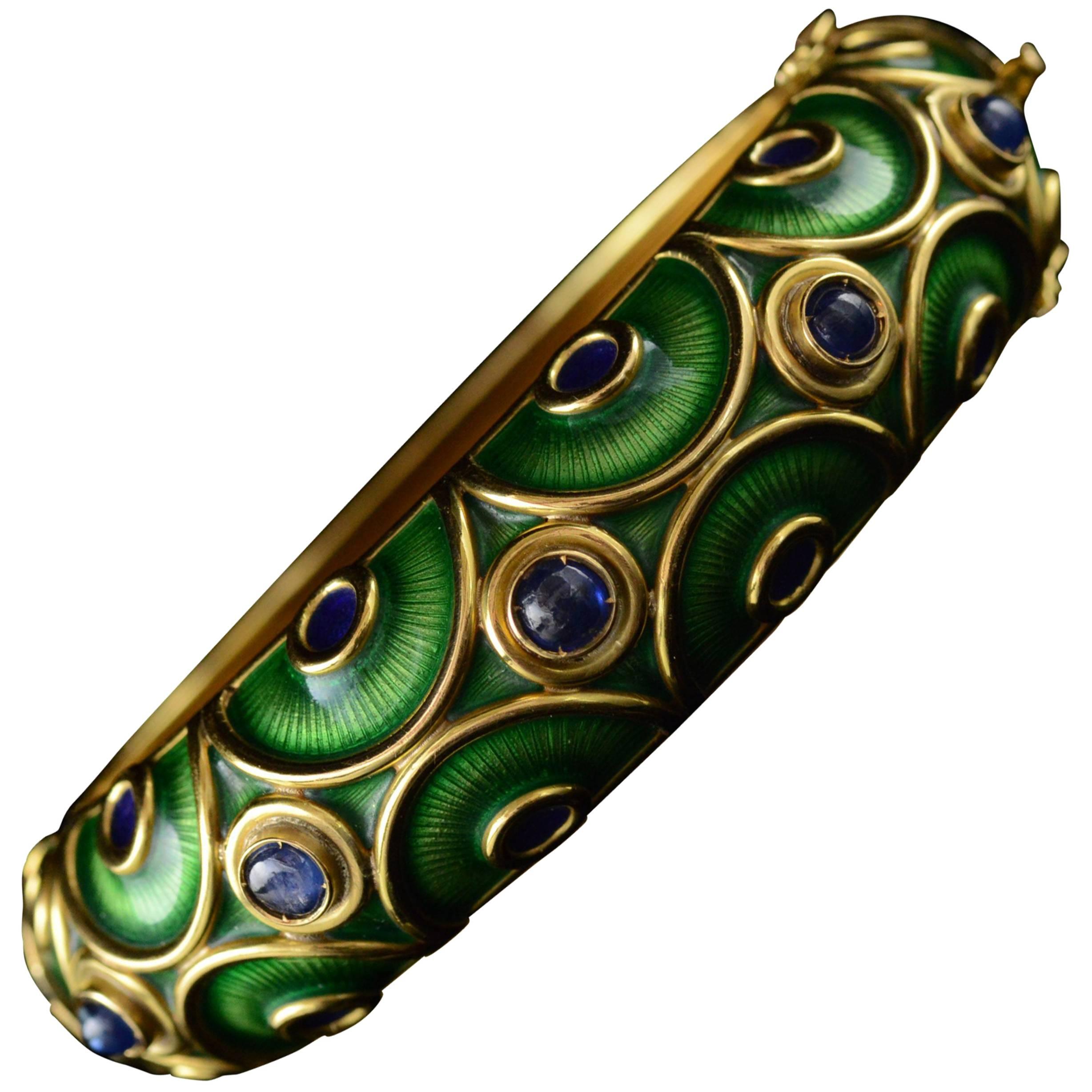 Green Enamel & Sapphire Gold Bangle Bracelet For Sale