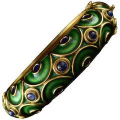 Green Enamel & Sapphire Gold Bangle Bracelet 10
