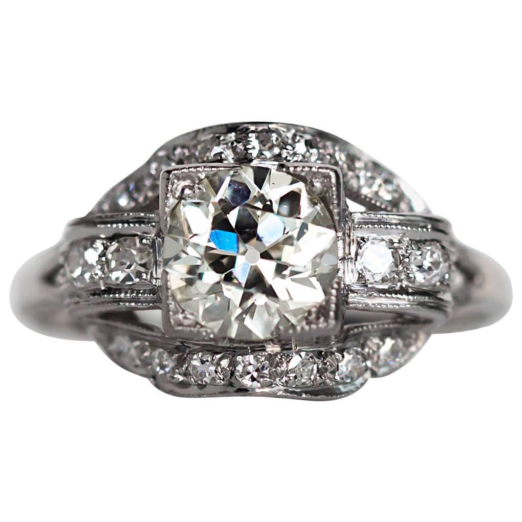 Bague de fiançailles Art déco des années 1920 en platine avec diamant de 1,04 carat certifié par le GIA