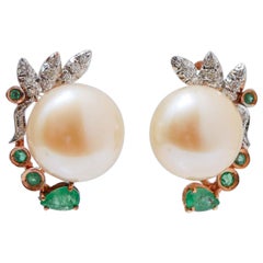 Pearls, Emeralds, Diamonds, 14 Karat Rose Gold Earrings.