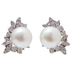 White Pearls, Diamonds, 14 Karat White Gold Earrings.