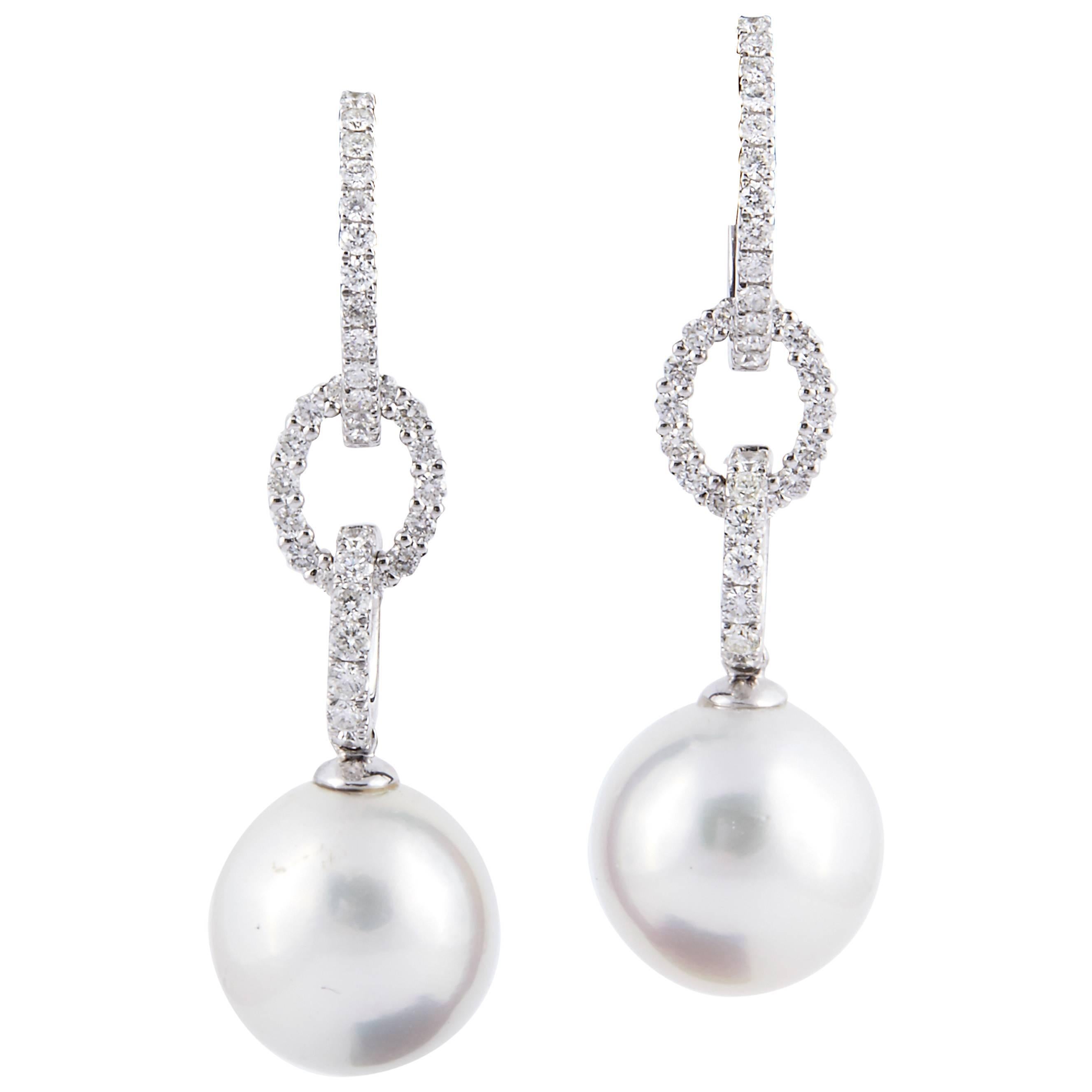  South Sea Pearl  Diamond Hoop Dangle Earrings 