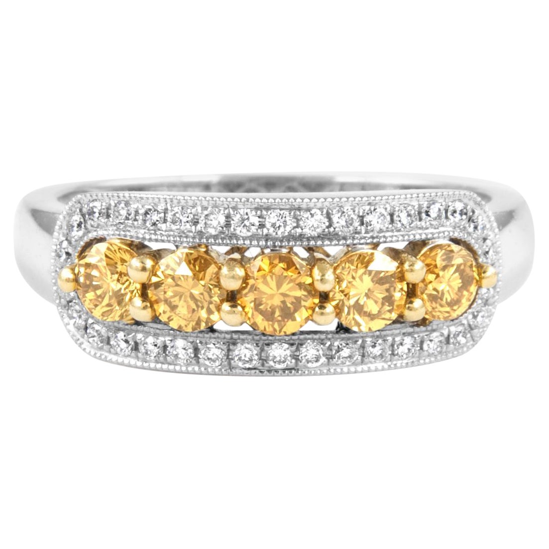 0.83ct Fancy Intense Yellow Diamond Cocktail Ring 18k Two Tone For Sale