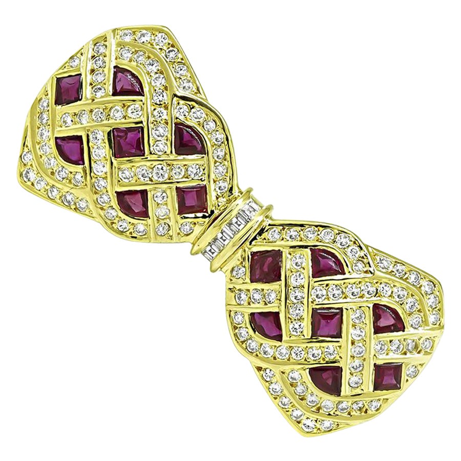 2.92ct Ruby 2.05ct Diamond Gold Bow Pin