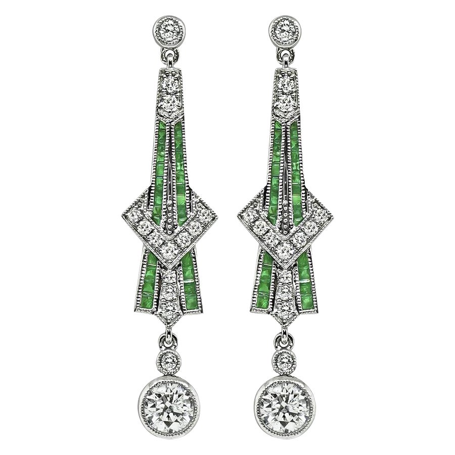 Art Deco Style 1.73cttw Diamond 0.65ct Emerald Drop Earrings